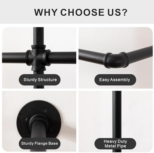 industrial pipe black clothing racks wall mounted, rustic showing dimensions