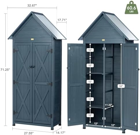 outdoor storage shed with floor & adjustable shelves, close-up detail