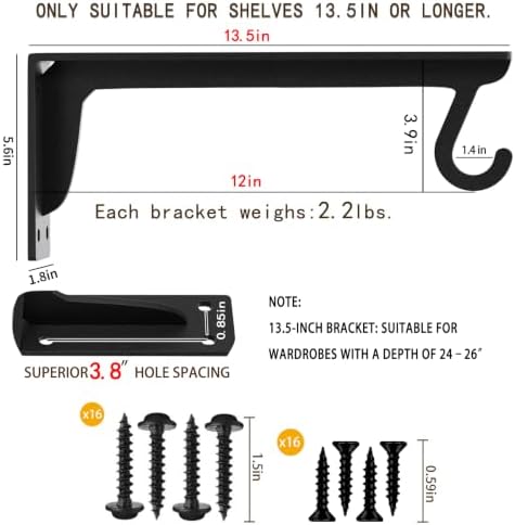13.5x5.6in heavy duty closet rod bracket support 400lbs(2pc shown in use