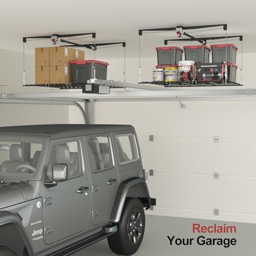 overhead garage storage rack for 10–12 ft ceiling, front angle view