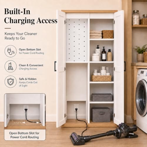 68.9" wooden broom closet storage cabinet with perforated, front angle view