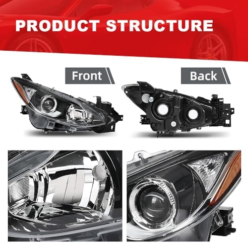 Projector Headlights Assembly Pair Compatible with Mazda 3 2014 2015 2016 Clear Lens Black Housing Amber Reflector Front Headlamp BPW1510K0 BPW1510L0 MA2503144 MA2502144