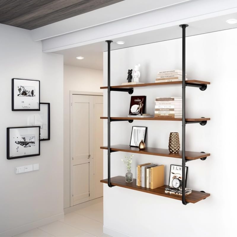 industrial pipe shelving system with 4 tiers, black on a desk or shelf