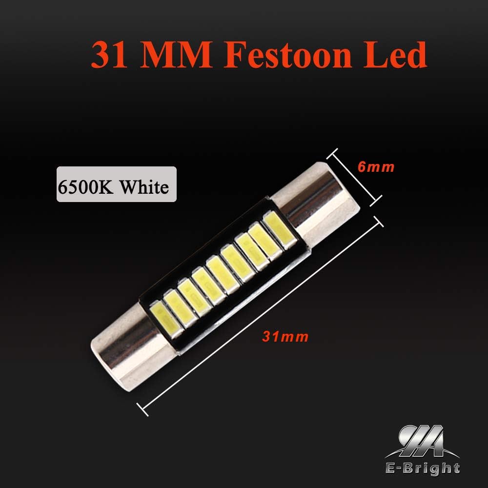 YM E-Bright LED Mirror Fuse Sun Visor 6641 White 4014 9-SMD 12V Festoon Dome Light LED Bulbs(pack of 10) (31MM)