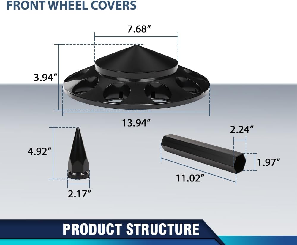 PIT66 Front Semi Truck Front Wheel Covers Fit 22.5 24.5 Inch Wheels Black | Pair Satin Black Hub Caps with 33mm Spikes & Lug Nut Covers for Semi Trucks. Fits Front Wheels 22.5" and 24.5"