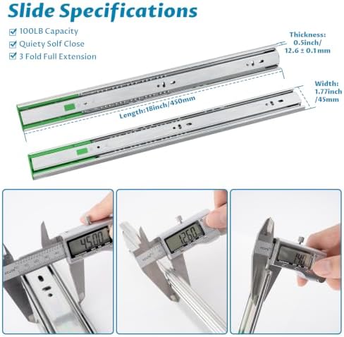 onemake 18 inch soft close side mount drawer, side view