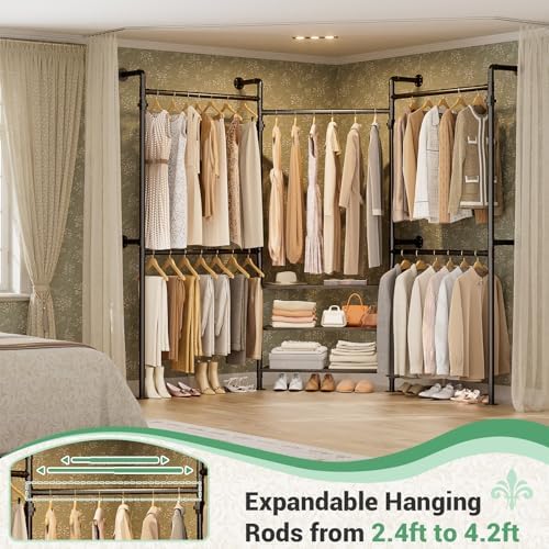 aheaplus expandable industrial pipe clothing rack, 7.3-10.9ft closet shown in use