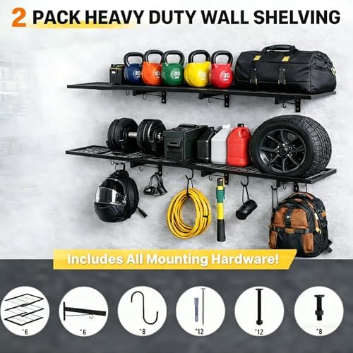 garage wall shelving, 46" × 12" wall mounted showing dimensions