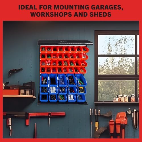 47-bin garage organization rack (15 large, 32 small) shown in use