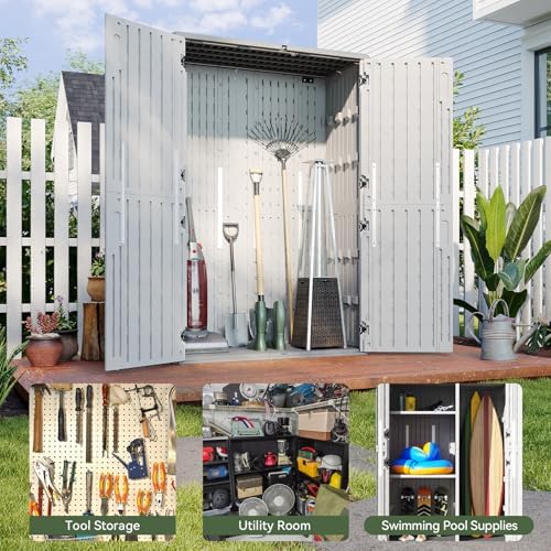 aoxun outdoor storage shed, 64 cu.ft vertical resin on a desk or shelf