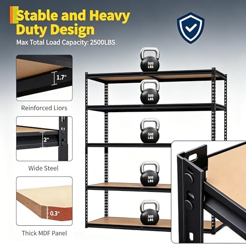 heavy duty garage storage shelves, 5-tier metal adjustable, side view