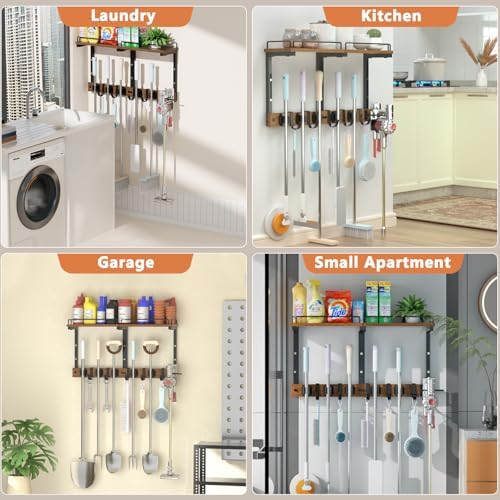 broom and mop organizer wall hanging with cleaning on a desk or shelf