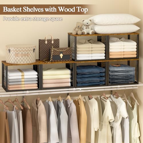 stackable closet organizers and storage basket, closet shelves, side view