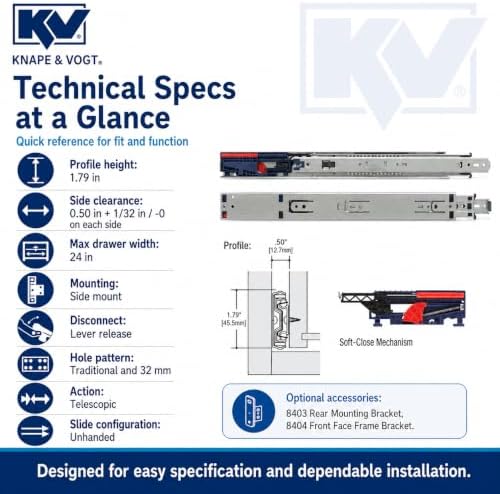 knape & vogt side mount soft-close drawer slide showing dimensions