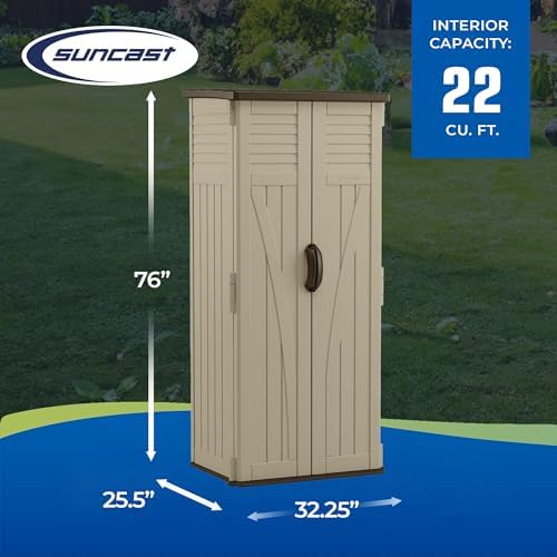 suncast vertical shed, compact outdoor storage system, 22, close-up detail