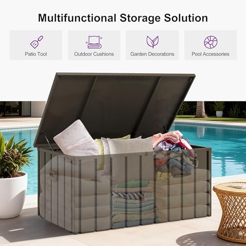 purple leaf outdoor deck box 100 gallon, waterproof, front angle view