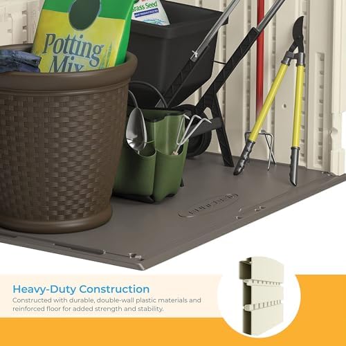 suncast 34 cu ft capacity horizontal outdoor storage, side view