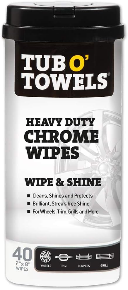 Tub O’ Towels Heavy Duty Chrome Wipes - Clean, Shine & Protect Chrome, Aluminum, Copper, and Brass Surfaces - Oil-Based Polishing Wipes - Resists Streaks & Fingerprints - 40 Count for Auto Detailing