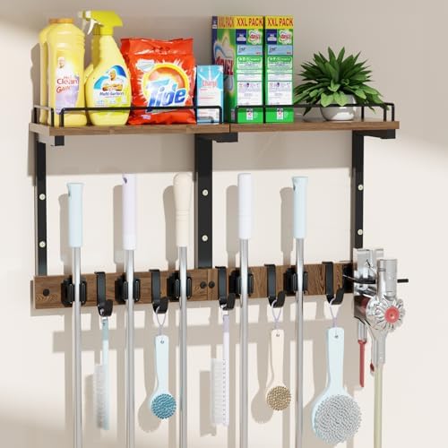 broom and mop organizer wall hanging with cleaning, front angle view
