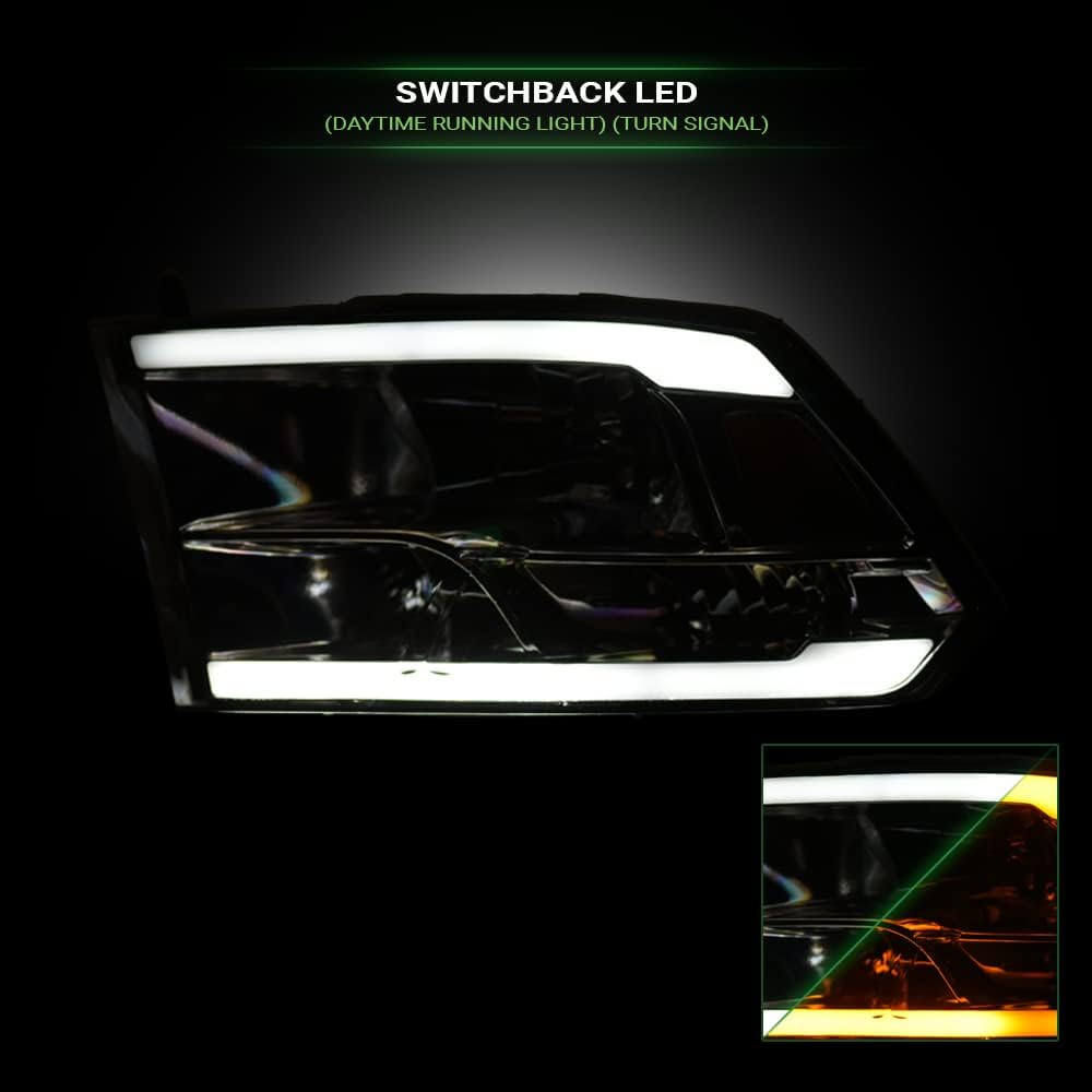 Switchback Sequential LED Strip Tube Bar Chrome Housing Crystal Headlights Signal Lamps Amber Reflector nb Compatible With 09-18 Dodge Ram 1500/19-24 Classic / 10-18 2500 3500