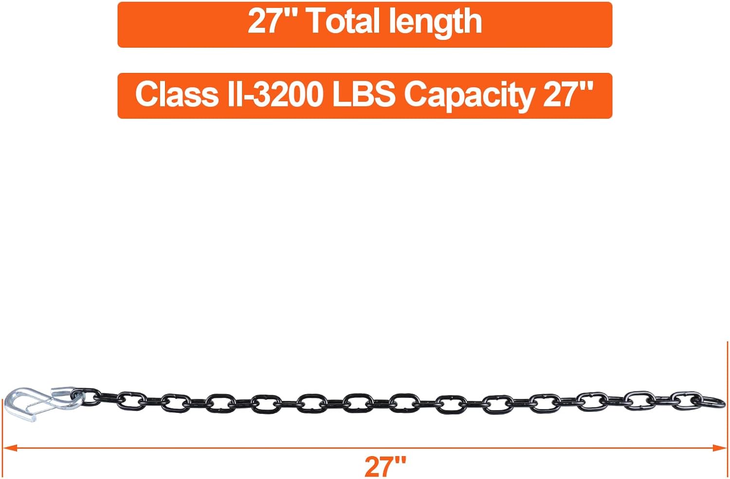 3/16"x 27" Grade 30 Steel Black Boat Trailer Safety Chain with 1 Spring Clip Hooks 3200 lbs, 2 Pcs (3/16"x 27")