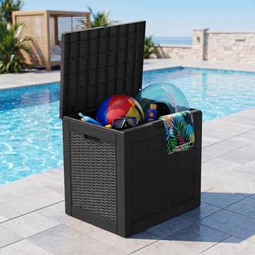 35 gallon outdoor storage box waterproof deck box on a desk or shelf