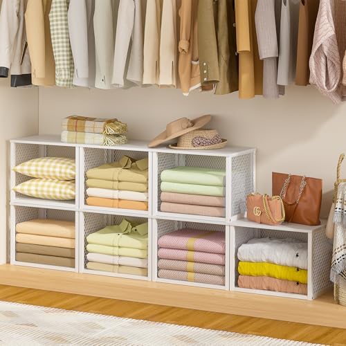 stackable closet organizers and storage basket, closet shelves, side view