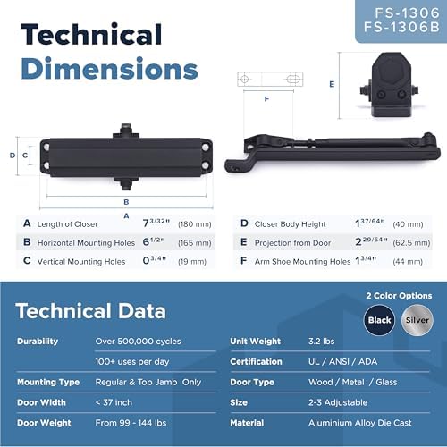 automatic door closer (black), fs-1306b residential hydraulic auto, front angle view