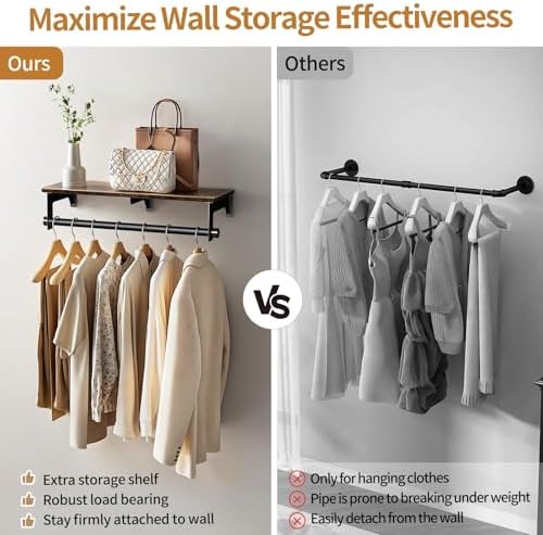 luxspire 28.7" wall mount clothes rack with wood, close-up detail
