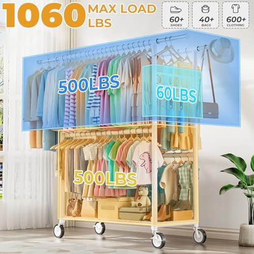heavy duty clothes rack load 1060lbs, four rods shown in use