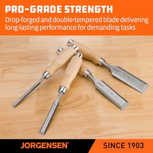 jorgensen 4-piece expansion wood chisel set, 3/8", 5/8", close-up detail