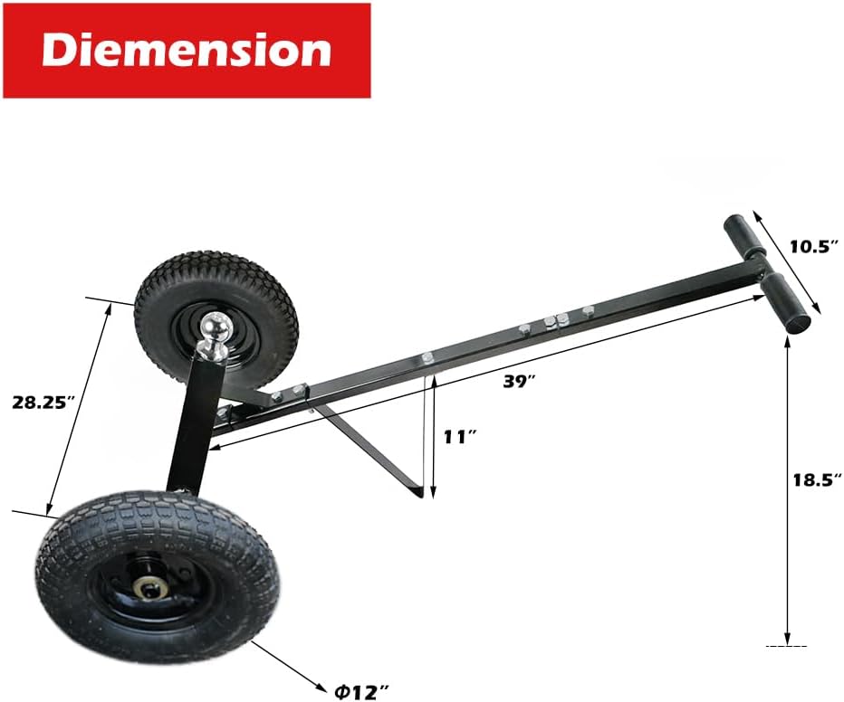 fouwick 600LBS Trailer Mover, 1-7/8” Hitch Ball & 12” Pneumatic Tires, Matt Black Powder Coated Steel Trailer Dolly (JT-TC003) Black Wheel, fit for Utility Trailer, Boat Trailer