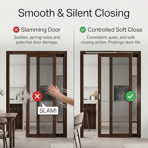 sliding door closer, soft close with hold open showing dimensions