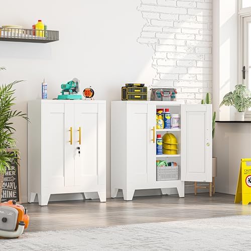 small locking cabinet, metal storage cabinet with doors, front angle view
