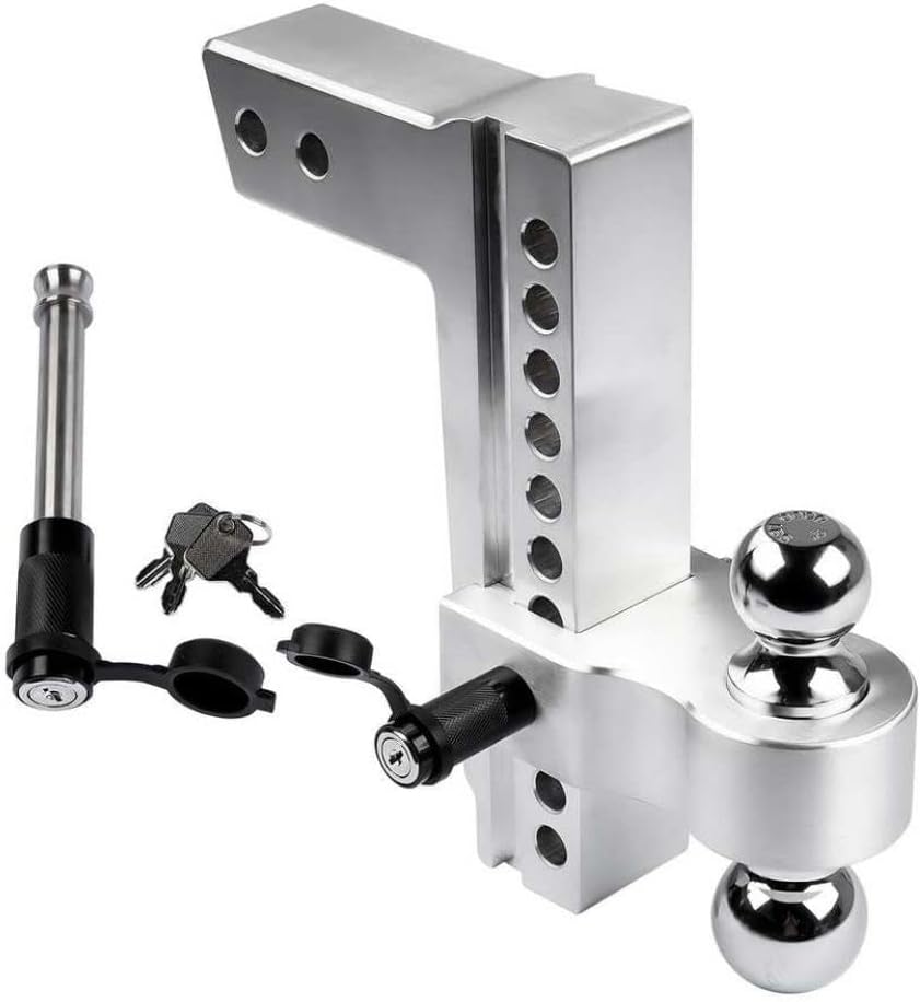 Silver Adjustable Trailer Hitch for 2.5 Inch Receiver 10 Inch Drop Rise with 2 Inch and 2-5/16 Inch Balls and 2 Latches Locks