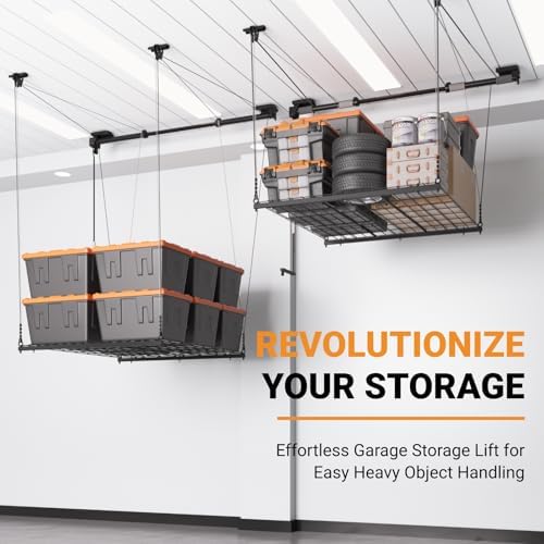 adjustable overhead garage storage rack, 4x4ft garage ceiling shown in use