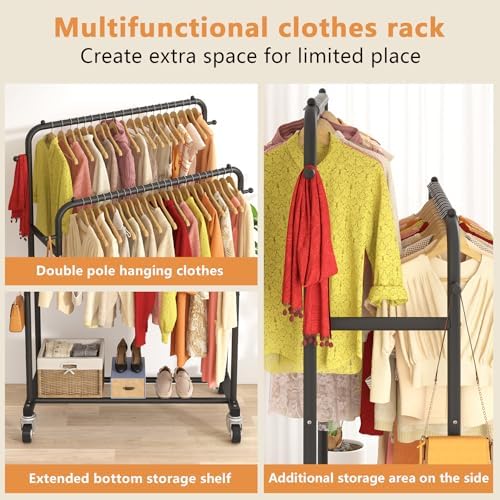 laiensia double rods garment rack with wheels, clothing, side view