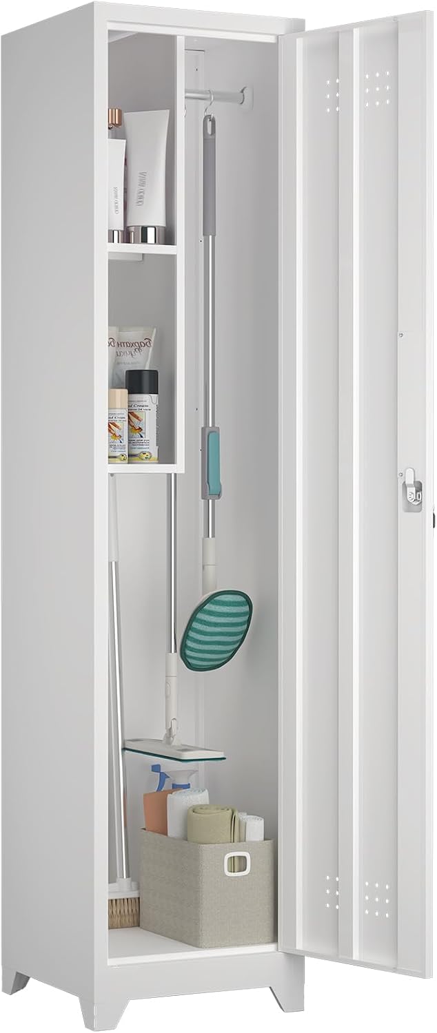 slim broom storage cabinets, metal cabinet with shelves, main product view