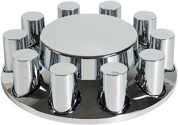 33mm Chrome ABS Flat Top Axle Cover Complete Set with Removable Hubcaps and Screw-on Plastic Lug Nut Covers for Semi Trucks (2 Front)