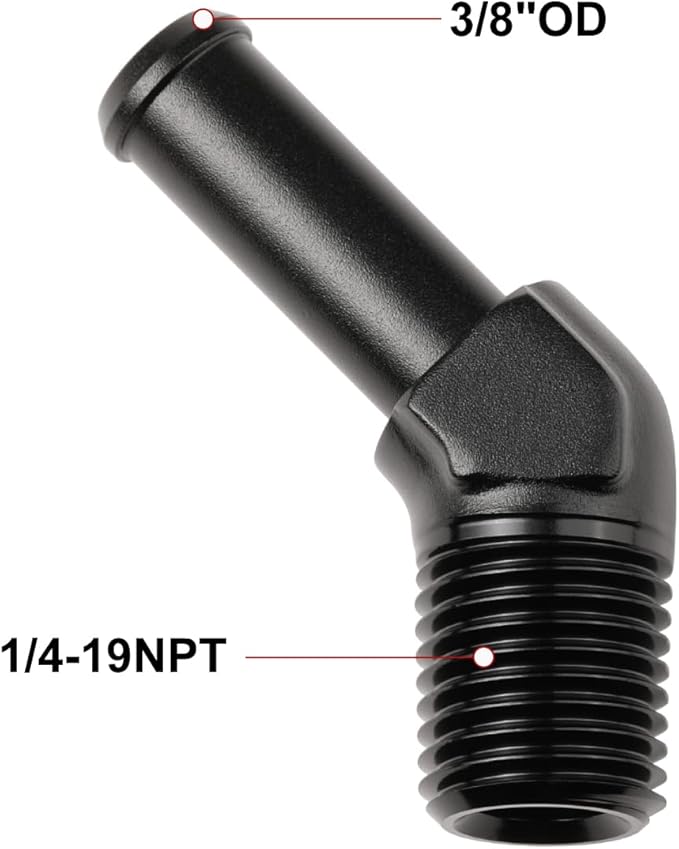 1/4 NPT Male to 3/8" Hose Barb Fitting Adapter 45 Degree Elbow Aluminum Black - Image 2