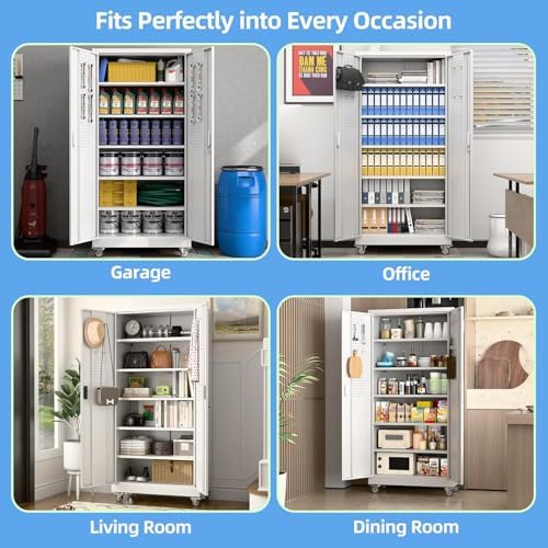 71"h rolling steel cabinet with 5 adjustable shelves, front angle view