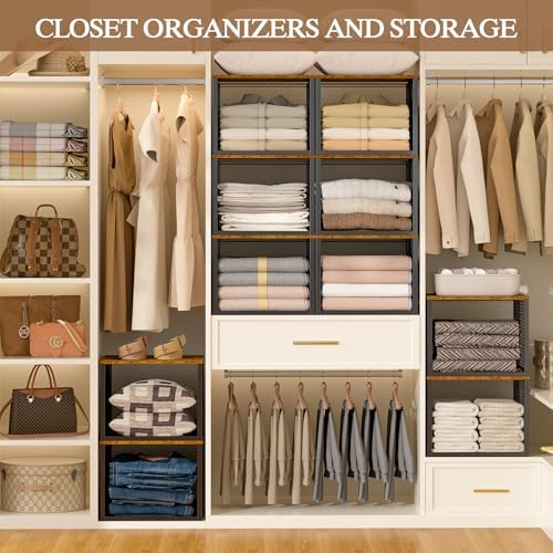 stackable closet organizers and storage basket, closet shelves, close-up detail