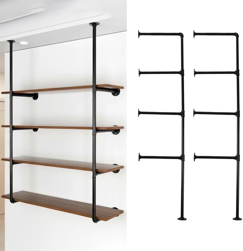 industrial pipe shelving system with 4 tiers, black, main product view