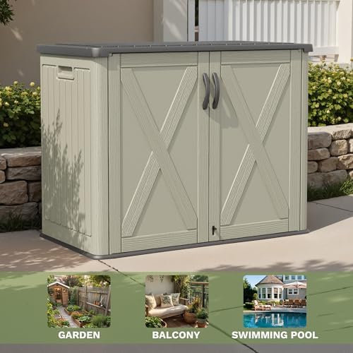patiowell resin outdoor storage cabinet, 26 cu.ft horizontal on a desk or shelf