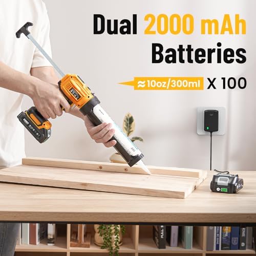 electric caulking gun, cordless caulk gun with 2x, close-up detail