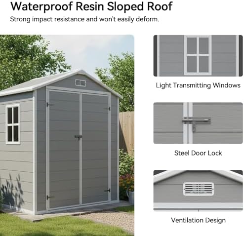 aoxun 6x4 ft outdoor storage shed, outdoor resin, close-up detail