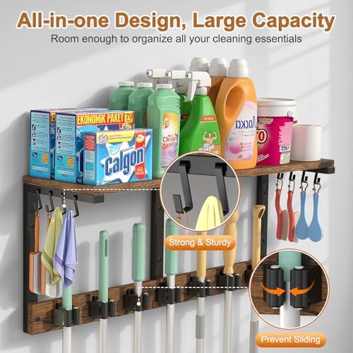 housolution wall mount broom holder hanger laundry room shown in use