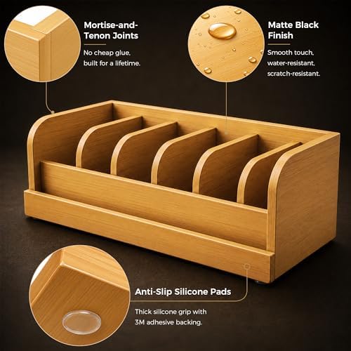 minboo bamboo belt organizer box,6 grids belt rack showing dimensions