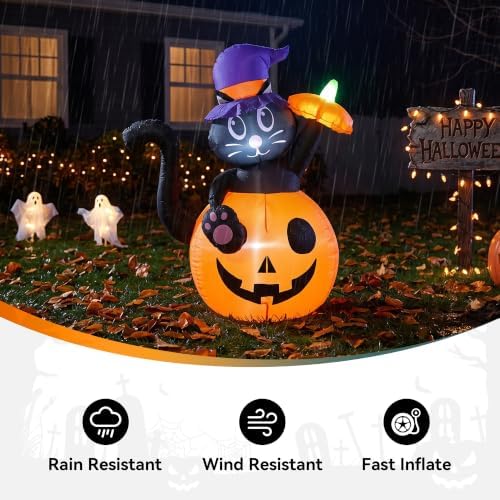 4.5FT Halloween Inflatable Black Cat with Pumpkin Outdoor Decorations, Blow U...