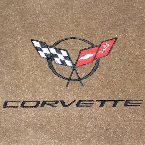 Custom Fit 2 Piece Carpet Front Mats Compatible with 1997-2004 Corvette Coupe with Black C5 Flag Logo - Tan
